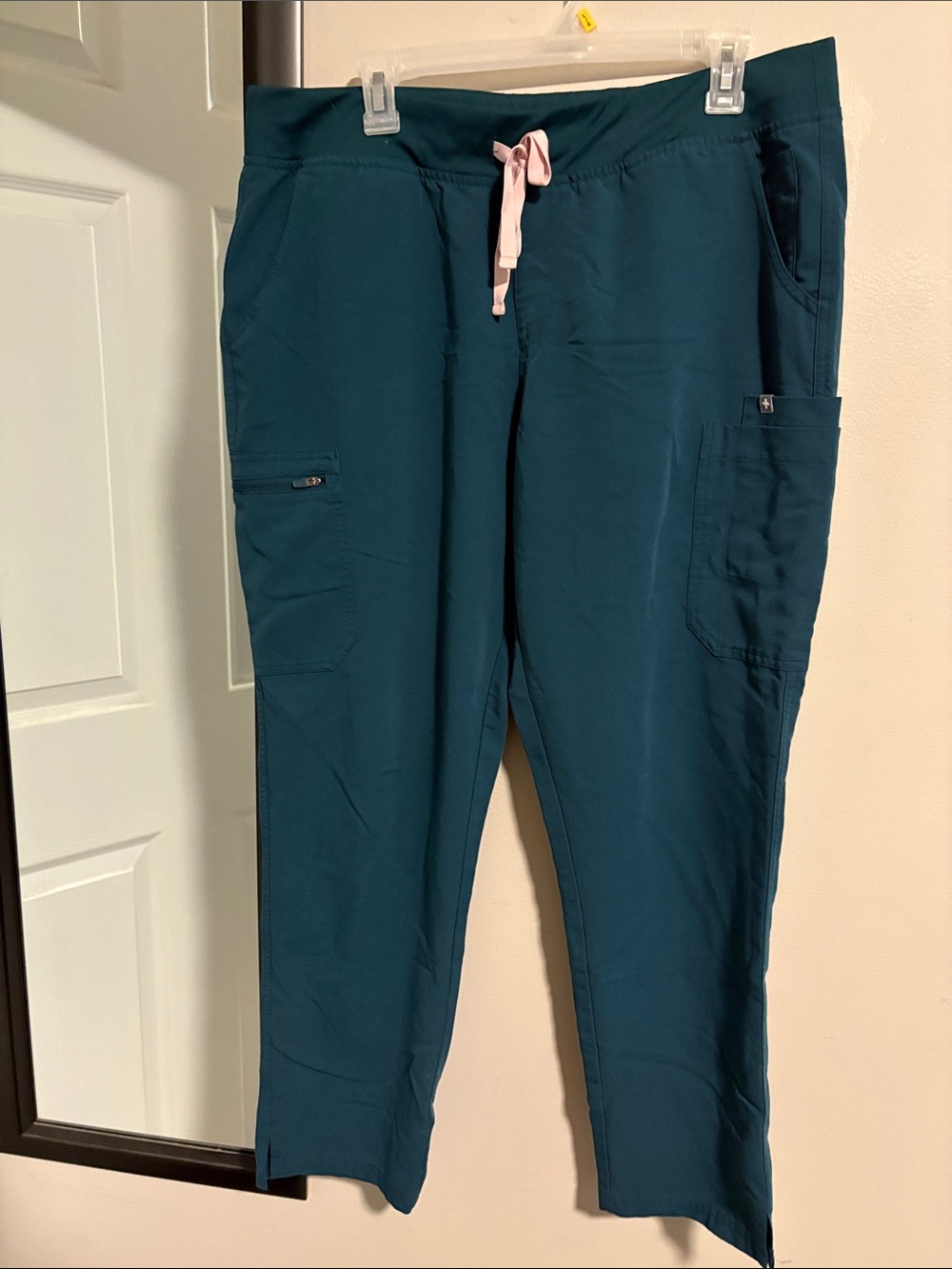Figs Teal Boot Cut Scrub Pants with Pink Drawstring